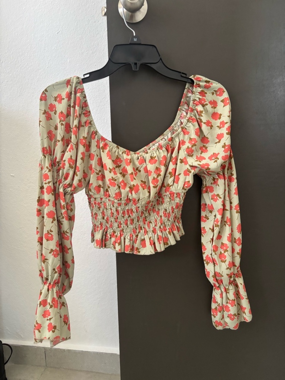 SHEIN Floral Puff Sleeve Milkmaid Crop Top - Green & Orange - Size S - Picture 4 of 5